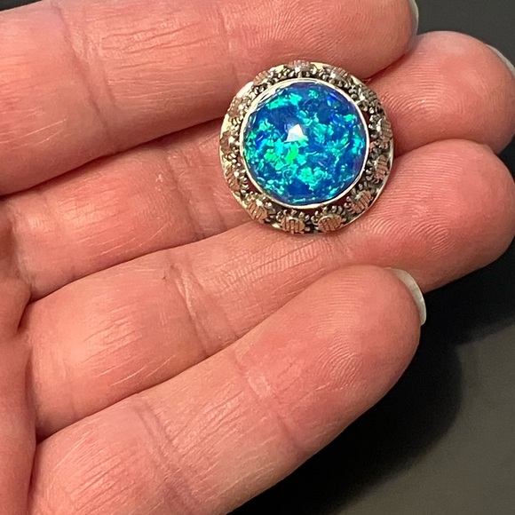 Sajen Sterling Silver Blue Opal Quartz Double + Sunflower Dome Pendant Enhancer - Picture 9 of 10